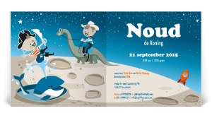 geboortekaartje noud raket piraat maan astronaut dinosaurus illustratie walvis