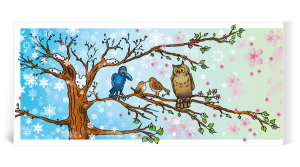 geboortekaart illustratie vogels uil ooievaar zwaluw raaf roodborstje winterkoning pauw