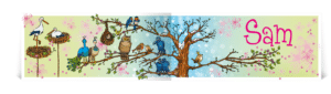 geboortekaart illustratie vogels uil ooievaar zwaluw raaf roodborstje winterkoning pauw
